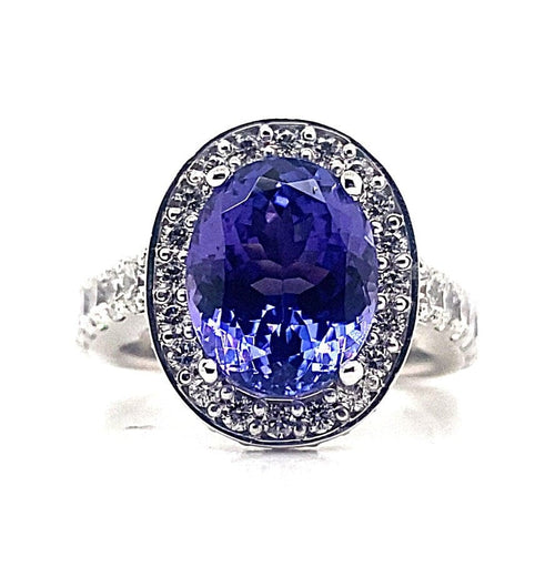 14K WHITE GOLD 4.22 CT OVAL TANZANITE AAA QUALITY 3.15 CT TW NATURAL ROUND BRILLIANT DIAMOND ACCENT HALO STYLE RING WITH A SQUARE SHANK