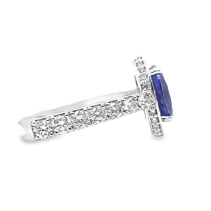 14K WHITE GOLD 4.22 CT OVAL TANZANITE AAA QUALITY 3.15 CT TW NATURAL ROUND BRILLIANT DIAMOND ACCENT HALO STYLE RING WITH A SQUARE SHANK