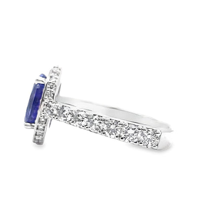 14K WHITE GOLD 4.22 CT OVAL TANZANITE AAA QUALITY 3.15 CT TW NATURAL ROUND BRILLIANT DIAMOND ACCENT HALO STYLE RING WITH A SQUARE SHANK
