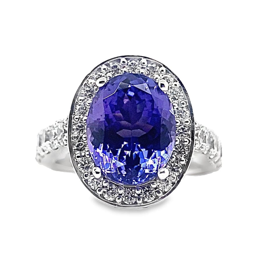14K WHITE GOLD 4.22 CT OVAL TANZANITE AAA QUALITY 3.15 CT TW NATURAL ROUND BRILLIANT DIAMOND ACCENT HALO STYLE RING WITH A SQUARE SHANK