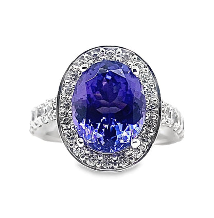 14K WHITE GOLD 4.22 CT OVAL TANZANITE AAA QUALITY 3.15 CT TW NATURAL ROUND BRILLIANT DIAMOND ACCENT HALO STYLE RING WITH A SQUARE SHANK