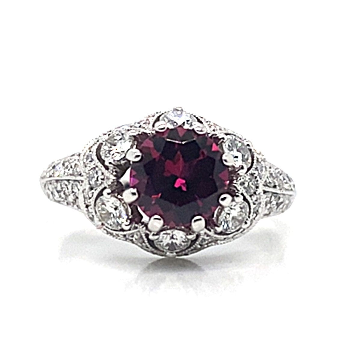 18K WHITE GOLD 7 MM ROUND RHODOLITE GARNET CENTER 1.20 CT TW NATURAL ROUND BRILLIANT DIAMOND ACCENT FASHION RING