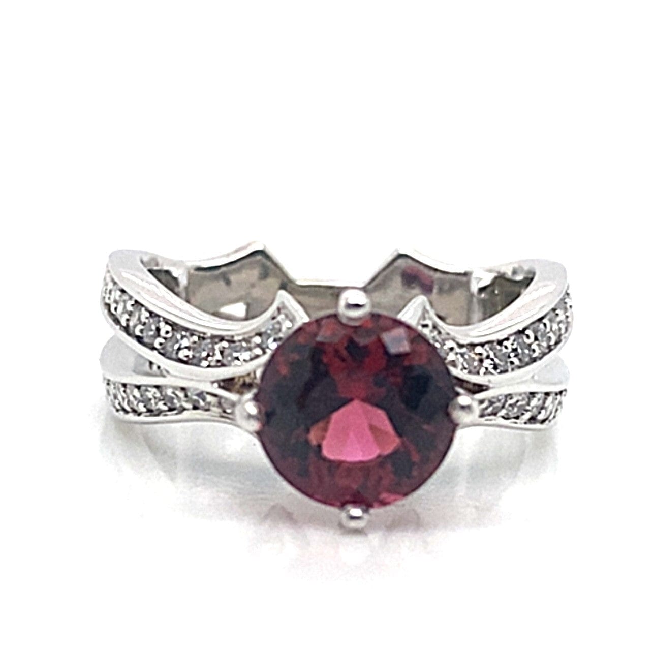 14K WHITE GOLD 1.98 CT ROUND BRILLIANT RUBELLITE TOURMALINE .65 CT TW DIAMOND ROUND BRILLIANTACCENT DESIGN RING WITH A SQUARE SHANK