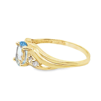 14K YELLOW GOLD 7X5 MM OVAL AQUAMARINE CENTER .10 CT TW NATURAL ROUND BRILLIANT DIAMOND ACCENT  RING