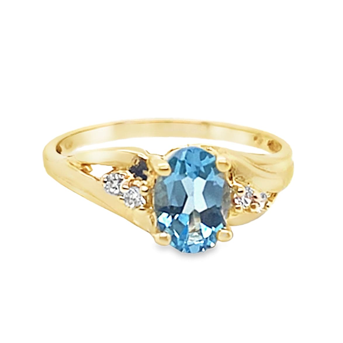 14K YELLOW GOLD 7X5 MM OVAL AQUAMARINE CENTER .10 CT TW NATURAL ROUND BRILLIANT DIAMOND ACCENT  RING