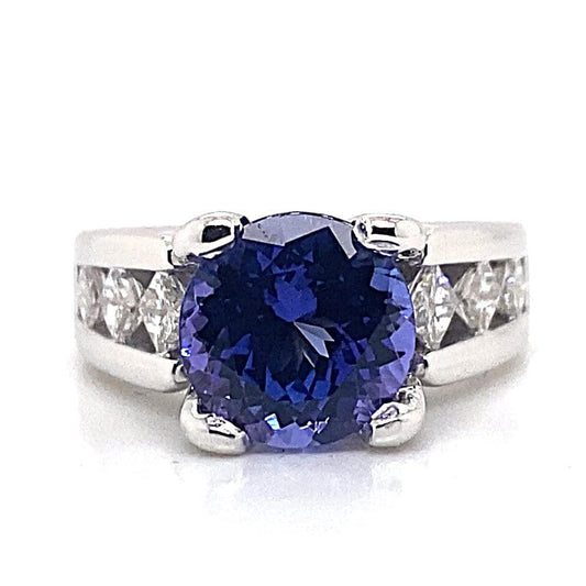 14K WHITE GOLD 2.70 CT ROUND BRILLIANT TANZANITE CENTER AAA QUALITY 1.30 CT TW NATURAL PRINCESS AND ROUND BRILLIANT DIAMOND ACCENT FLOATING STYLE RING