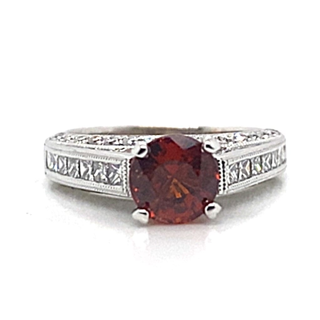 14K WHITE GOLD 1.25 CT ROUND MANDARIN GARNET CENTER 1.50CT TW NATURAL PRINCESS AND ROUND DIAMOND ACCENT FASHION RING