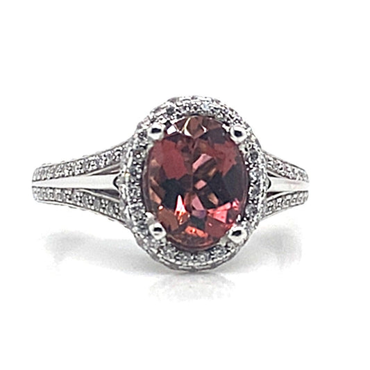 18K WHITE GOLD 1.60 CT OVAL PINK TOURMALINE CENTER .75 CT TW NATURAL ROUND BRILLIANT DIAMOND OVAL HALO STYLE RING