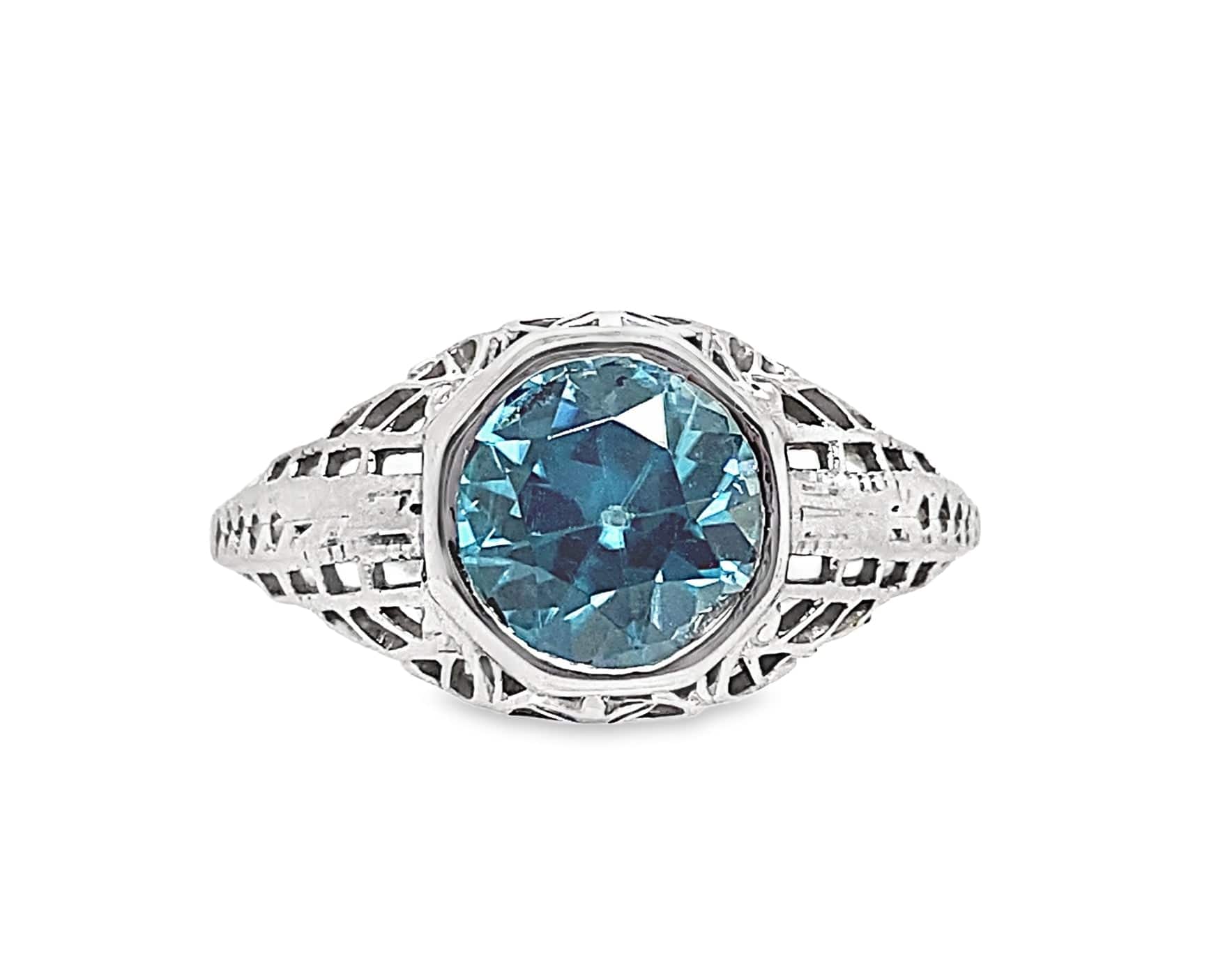 14K WHITE GOLD 7 MM ROUND EUROPEAN CUT BLUE ZIRCON VINTAGE ESTATE RING