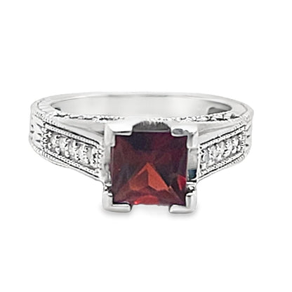 14K WHITE GOLD 6.5 MM SQUARE MOZAMBIQUE GARNET CENTER 1/4CT TW NATURAL ROUND BRILLIANT DIAMOND ACCENT RING WITH AN ENGRAVED SHANK