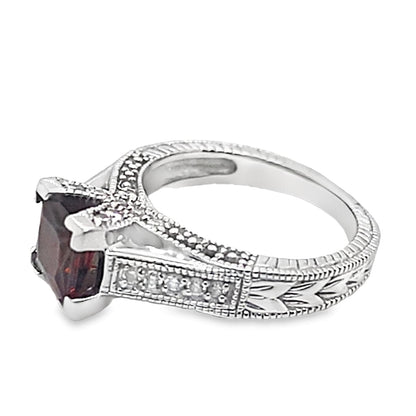 14K WHITE GOLD 6.5 MM SQUARE MOZAMBIQUE GARNET CENTER 1/4CT TW NATURAL ROUND BRILLIANT DIAMOND ACCENT RING WITH AN ENGRAVED SHANK