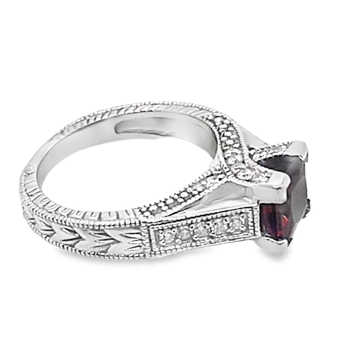 14K WHITE GOLD 6.5 MM SQUARE MOZAMBIQUE GARNET CENTER 1/4CT TW NATURAL ROUND BRILLIANT DIAMOND ACCENT RING WITH AN ENGRAVED SHANK