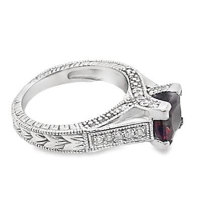 14K WHITE GOLD 6.5 MM SQUARE MOZAMBIQUE GARNET CENTER 1/4CT TW NATURAL ROUND BRILLIANT DIAMOND ACCENT RING WITH AN ENGRAVED SHANK