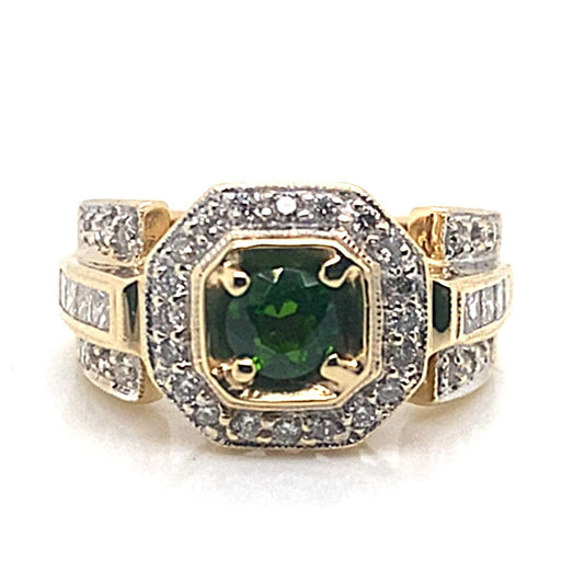 14K YELLOW GOLD TSAVORITE GARNET CENTER .80 CT TW NATURAL ROUND BRILLIANT DIAMOND ACCENT RING ESTATE