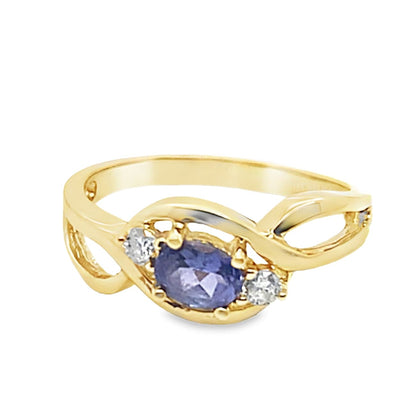 14K YELLOW GOLD 1/2 CT OVAL TANZANITE CENTER .12 CT TW NATURAL ROUND BRILLIANT DIAMOND ACCENT INFINITY STYLE RING