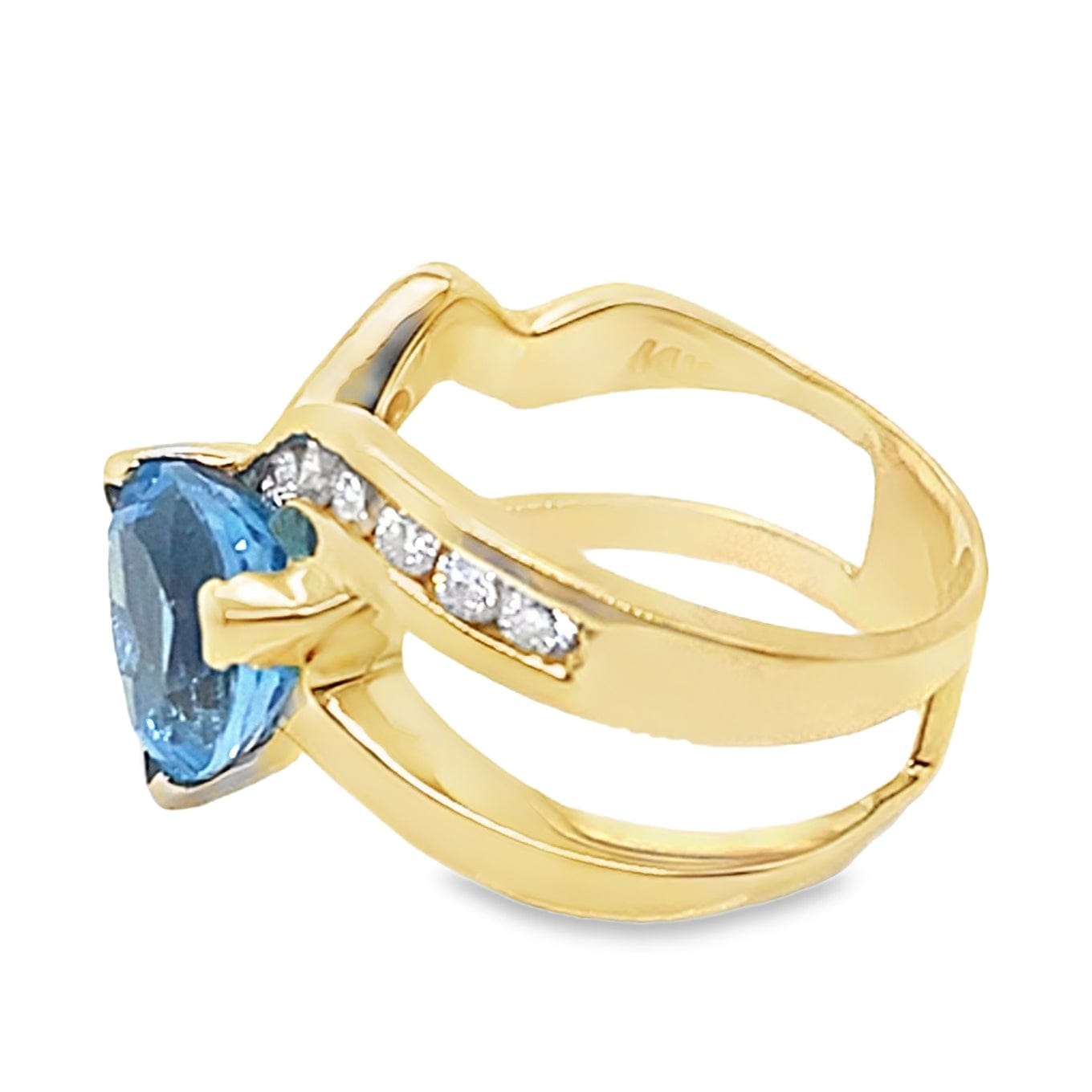 14K YELLOW GOLD 9 MM TRILLION BLUE TOPAZ CENTER  .40 CT TW NATURAL ROUND BRILLIANT DIAMOND ACCENT  DESIGN RING
