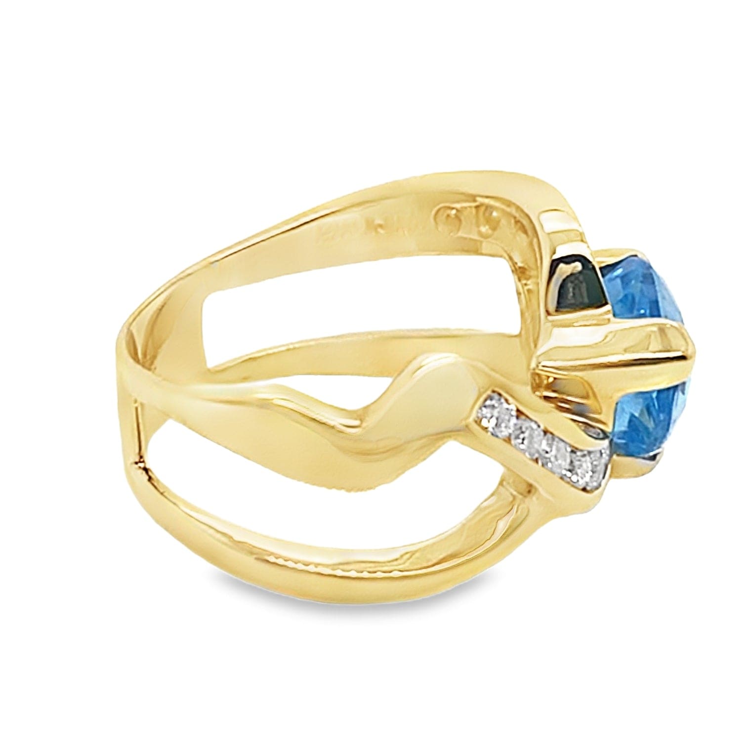 14K YELLOW GOLD 9 MM TRILLION BLUE TOPAZ CENTER  .40 CT TW NATURAL ROUND BRILLIANT DIAMOND ACCENT  DESIGN RING