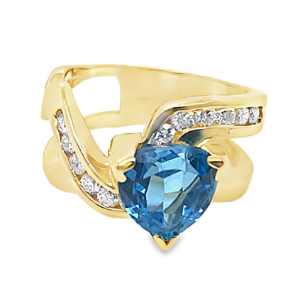 14K YELLOW GOLD 9 MM TRILLION BLUE TOPAZ CENTER  .40 CT TW NATURAL ROUND BRILLIANT DIAMOND ACCENT  DESIGN RING