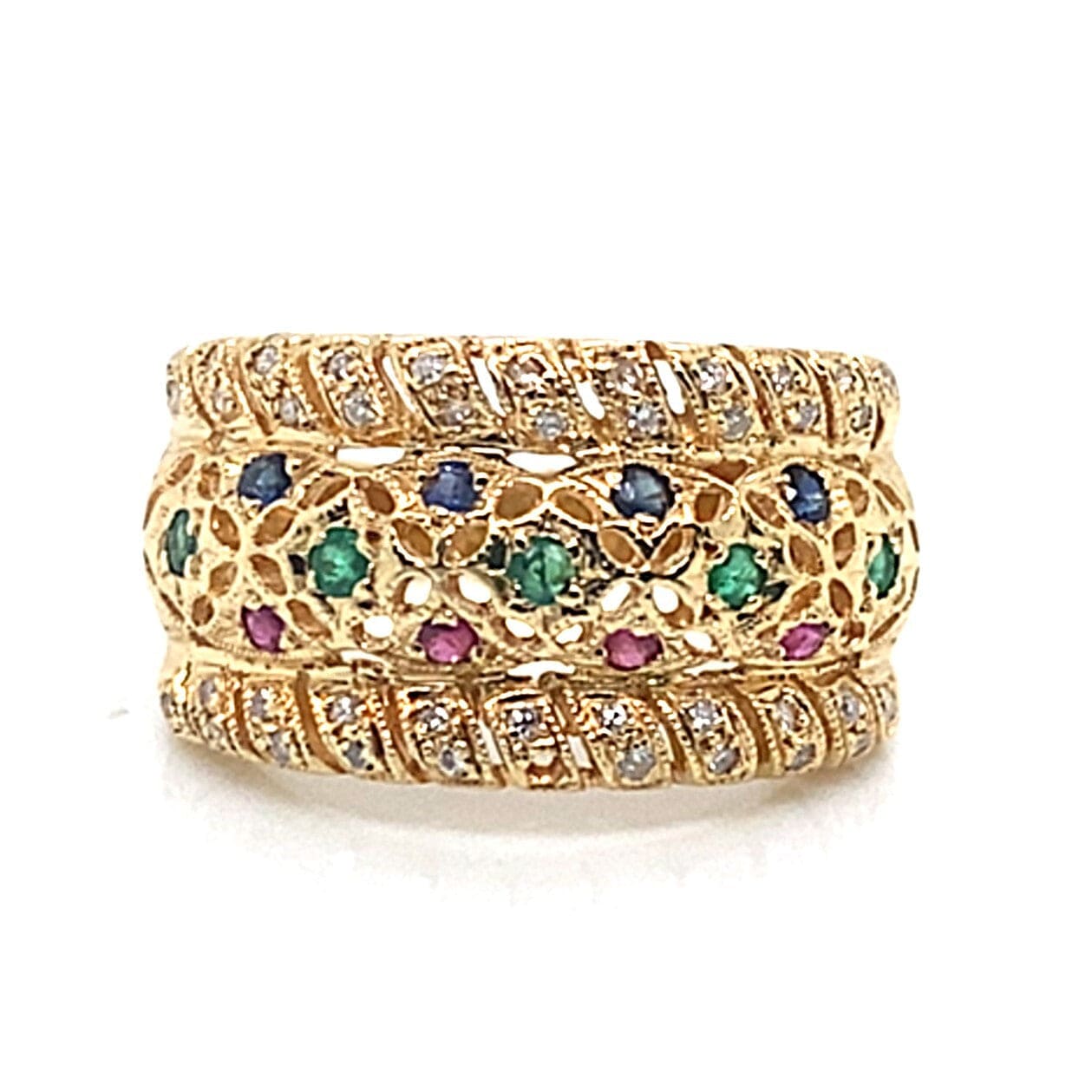 18K YELLOW GOLD NATURAL DIAMOND RUBY BLUE SAPPHIRE AND EMERALDS DESIGN RING ESTATE