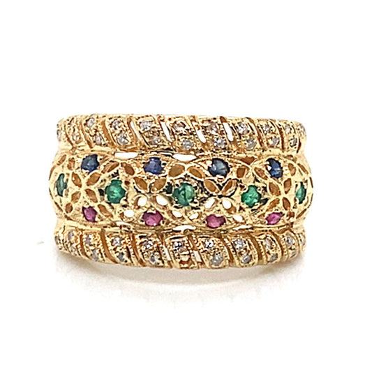 18K YELLOW GOLD NATURAL DIAMOND RUBY BLUE SAPPHIRE AND EMERALDS DESIGN RING ESTATE