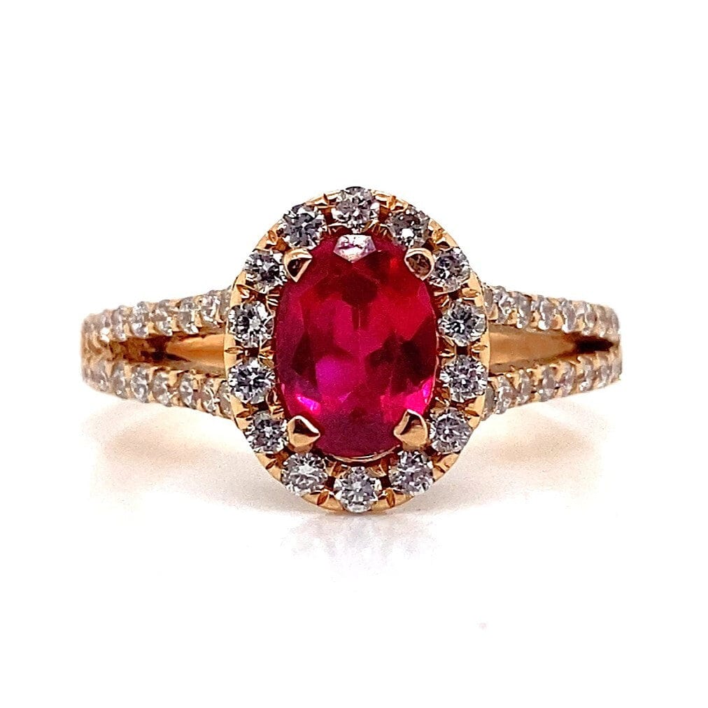 14K ROSE GOLD 5X7 MM OVAL LAB GROWN RUBY CENTER .45 CT TW NATURAL ROUND BRILLIANT DIAMOND ACCENT RING