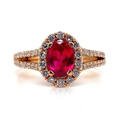 14K ROSE GOLD 5X7 MM OVAL LAB GROWN RUBY CENTER .45 CT TW NATURAL ROUND BRILLIANT DIAMOND ACCENT RING