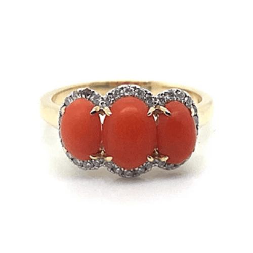 14K YELLOW GOLD 3 OVAL CABACHON CORAL CENTER NATURAL DIAMOND ACCENT FASHION RING
