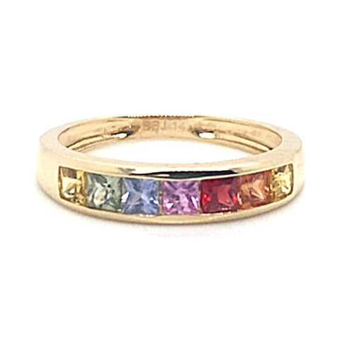 14K YELLOW GOLD .80 CT TW RAINBOW SAPPHIRE CHANNEL SET FASHION BAND