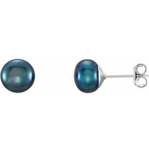 Earrings Sterling Silver 7-8 mm Cultured Black Freshwater Button Pearl Earrings