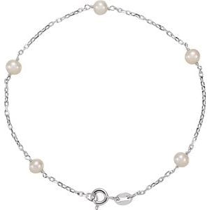Bracelets Sterling Silver Cultured White Freshwater Pearl 5-Station 7" Bracelet