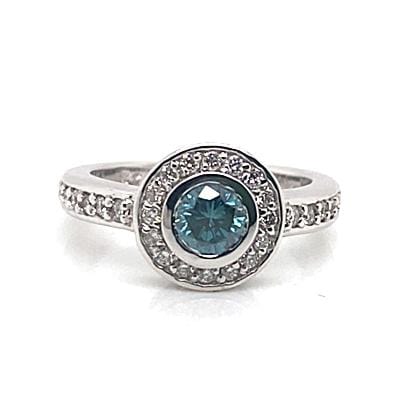 14K WHITE GOLD .97 CT TW BLUE ROUND BRILLIANT DIAMOND CENTER  NATURAL ROUND BRILLIANT WHITE DIAMOND ACCENT HALO STYLE RING