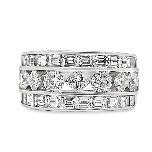 14K WHITE GOLD 2.25 CT TW NATURAL BAGUETTE PRINCESS AND ROUND BRILLIANT DIAMOND FASHION RING WITH A SQUARE SHANK