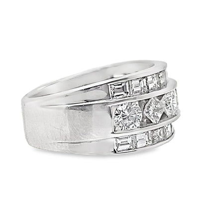 14K WHITE GOLD 2.25 CT TW NATURAL BAGUETTE PRINCESS AND ROUND BRILLIANT DIAMOND FASHION RING WITH A SQUARE SHANK
