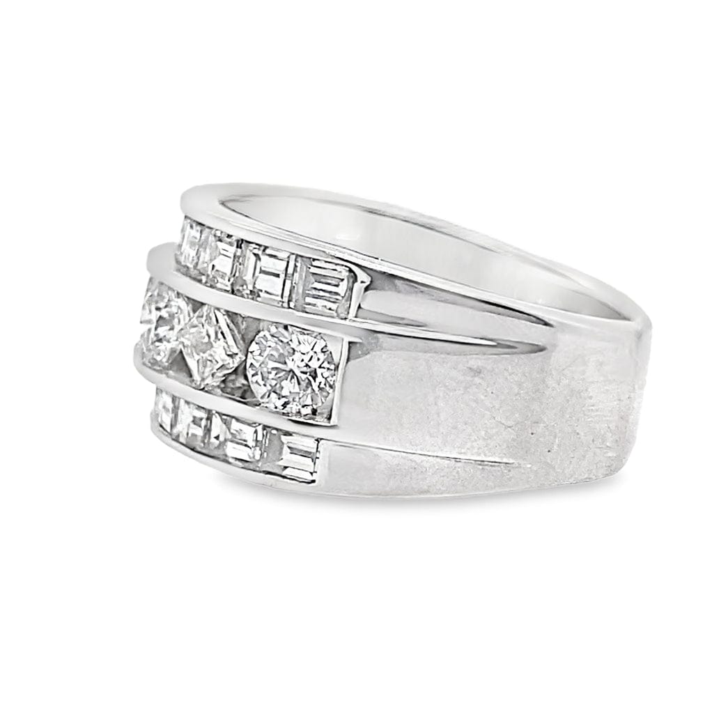 14K WHITE GOLD 2.25 CT TW NATURAL BAGUETTE PRINCESS AND ROUND BRILLIANT DIAMOND FASHION RING WITH A SQUARE SHANK