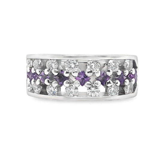 14K WHITE GOLD 1.0 CT TW NATURAL ROUND BRILLIANT DIAMOND .70 CT TW PRINCESS AMETHYST FLOATING STYLE RING