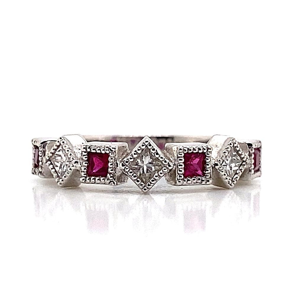 14K WHITE GOLD .32 CT TW NATURAL ROUND BRILLIANT DIAMOND .40 CT TW NATURAL PRINCESS RUBY ACCENT ART DECO DESIGN STYLE RING