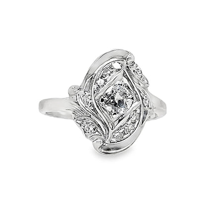 14K WHITE GOLD .25CT EUROPEAN CUT DIAMOND RING WITH ACCENTS
