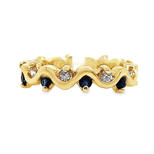 14K YELLOW GOLD 3/4 CT TW NATURAL ROUND BRILLIANT DIAMOND AND BLUE SAPPHIRE ETERNITY STYLE BAND