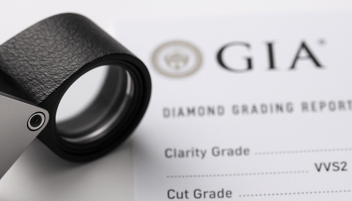 GIA diamond grading report with a magnifying glass on top