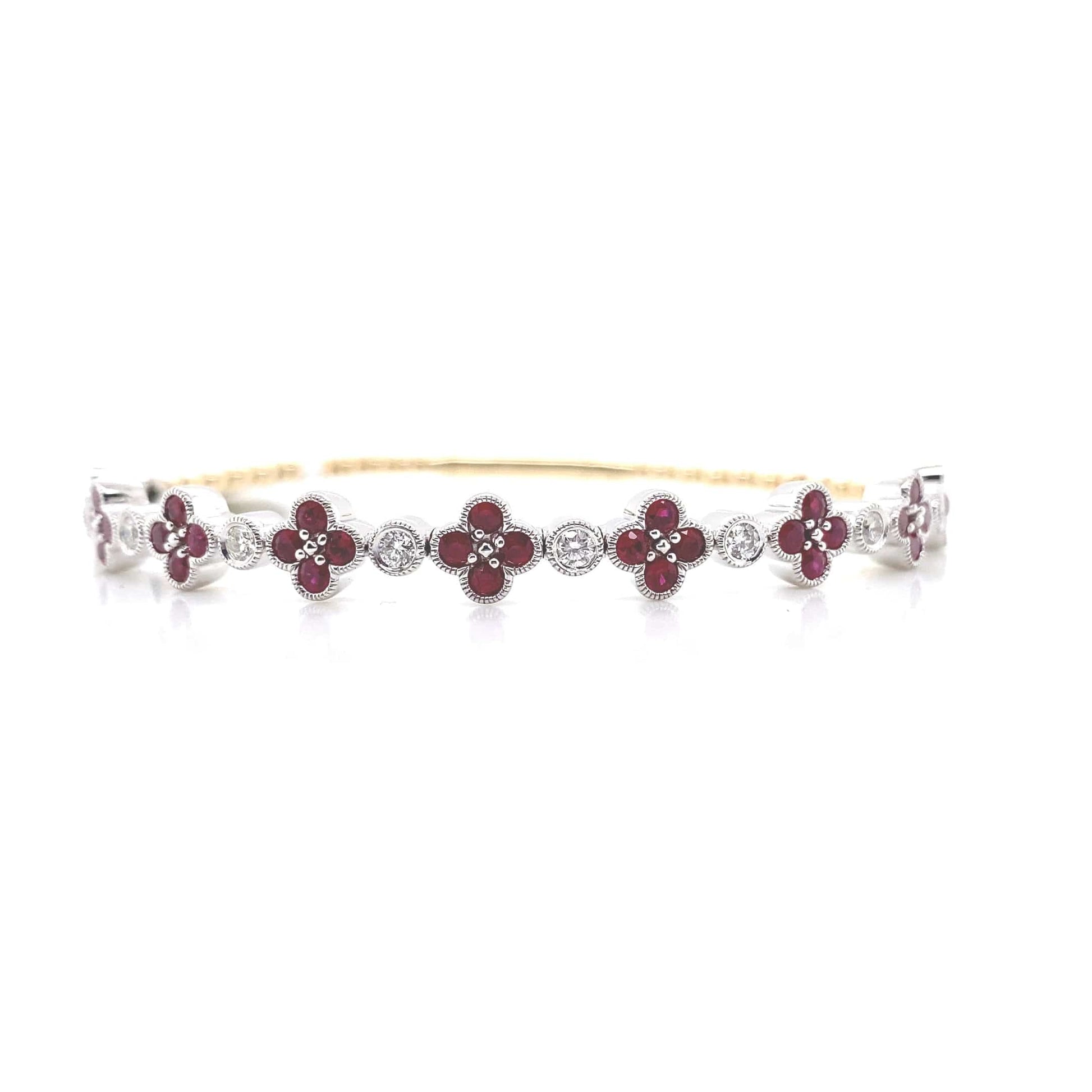 14K YELLOW AND WHITE GOLD .39 CT TW NATURAL ROUND BRILLIANT DIAMOND 1.39 CT TW NATURAL ROUND RUBY FLEX BANGLE STYLE BRACELET 6" LENGTH