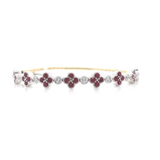 14K YELLOW AND WHITE GOLD .39 CT TW NATURAL ROUND BRILLIANT DIAMOND 1.39 CT TW NATURAL ROUND RUBY FLEX BANGLE STYLE BRACELET 6" LENGTH