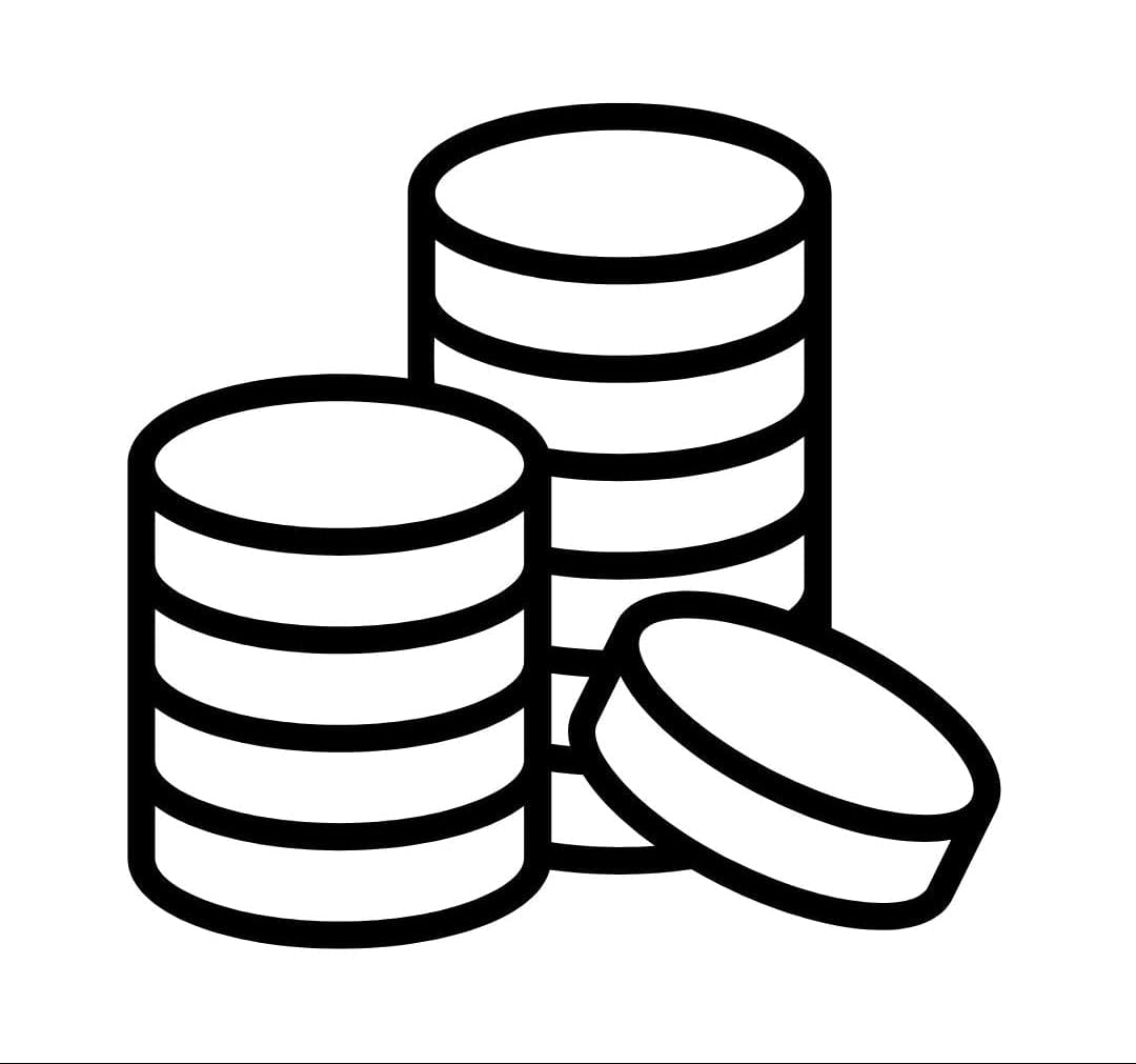 Black and white icon of stacked coins on a white background