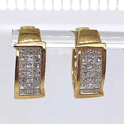 18K YELLOW GOLD 1.60 CT TW NATURAL PRINCESS CUT DIAMOND INVISIBLE SET HOOP STYLE EARRINGS