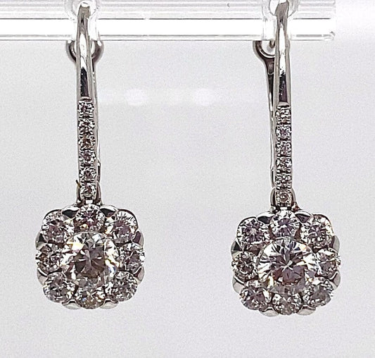 14K WHITE GOLD 1.52 CT TW NATURAL ROUND BRILLIANT DIAMOND CUSHION HALO STYLE DROP EARRINGS