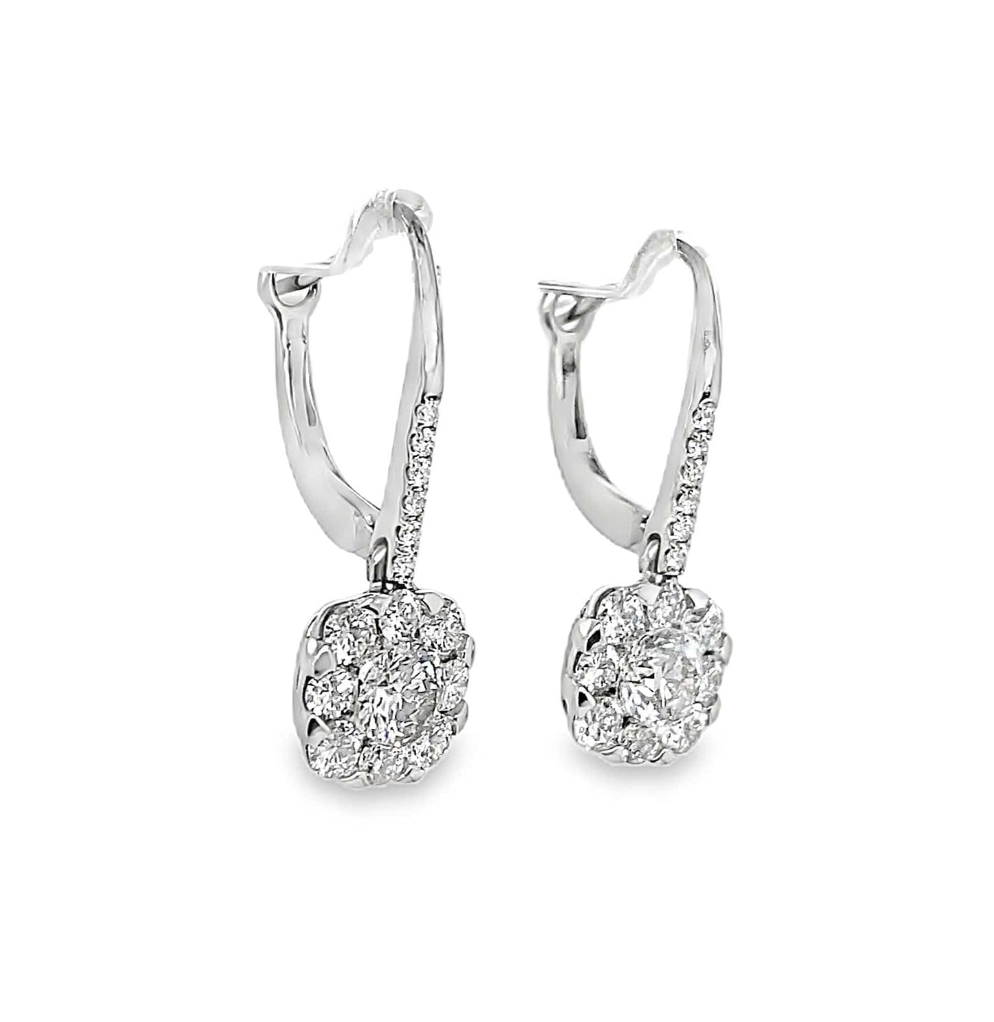 14K WHITE GOLD DIAMOND HALO DROP EARRINGS 1.52 CT TW