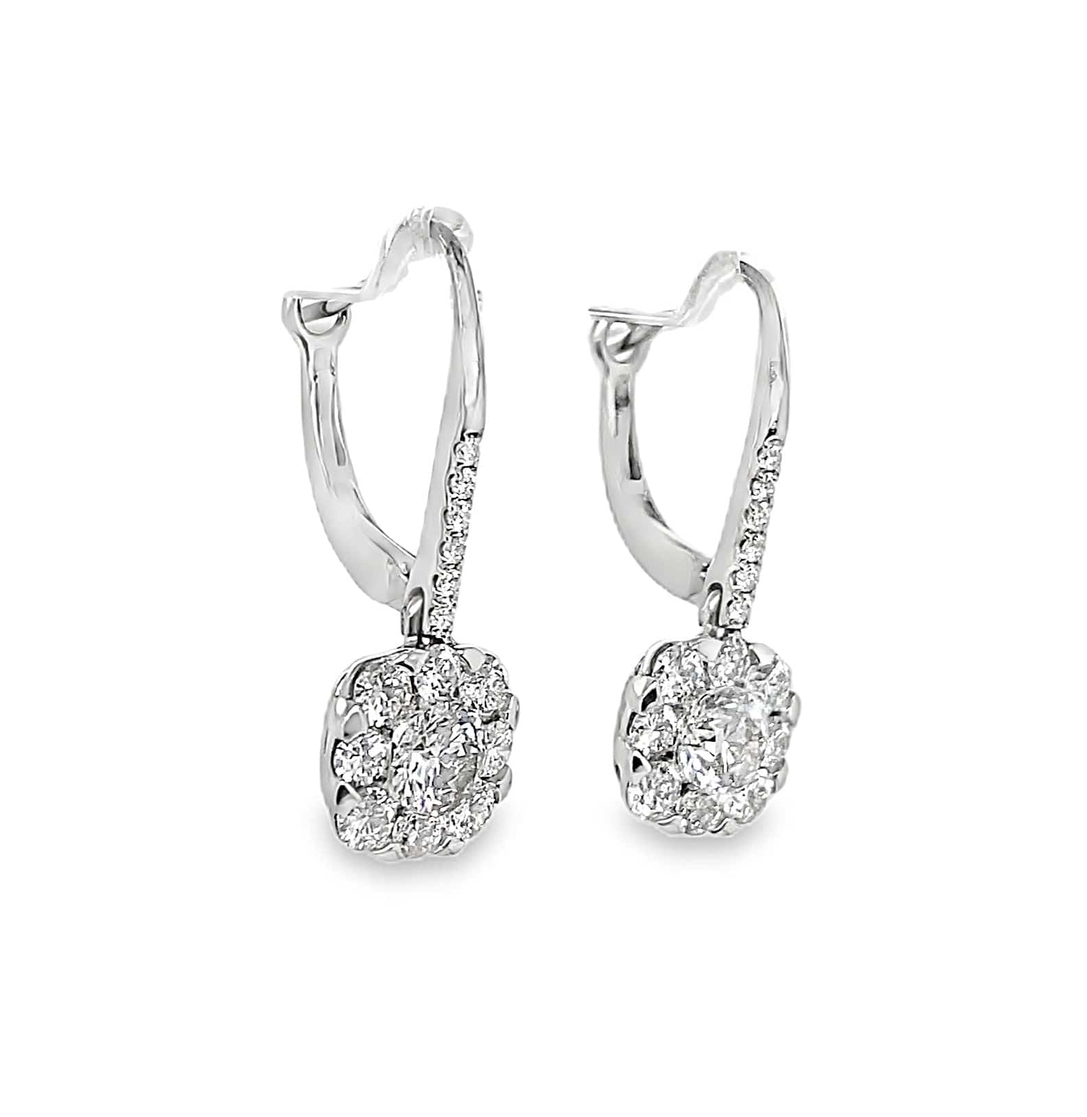 14K WHITE GOLD DIAMOND HALO DROP EARRINGS 1.52 CT TW