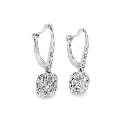 14K WHITE GOLD DIAMOND HALO DROP EARRINGS 1.52 CT TW