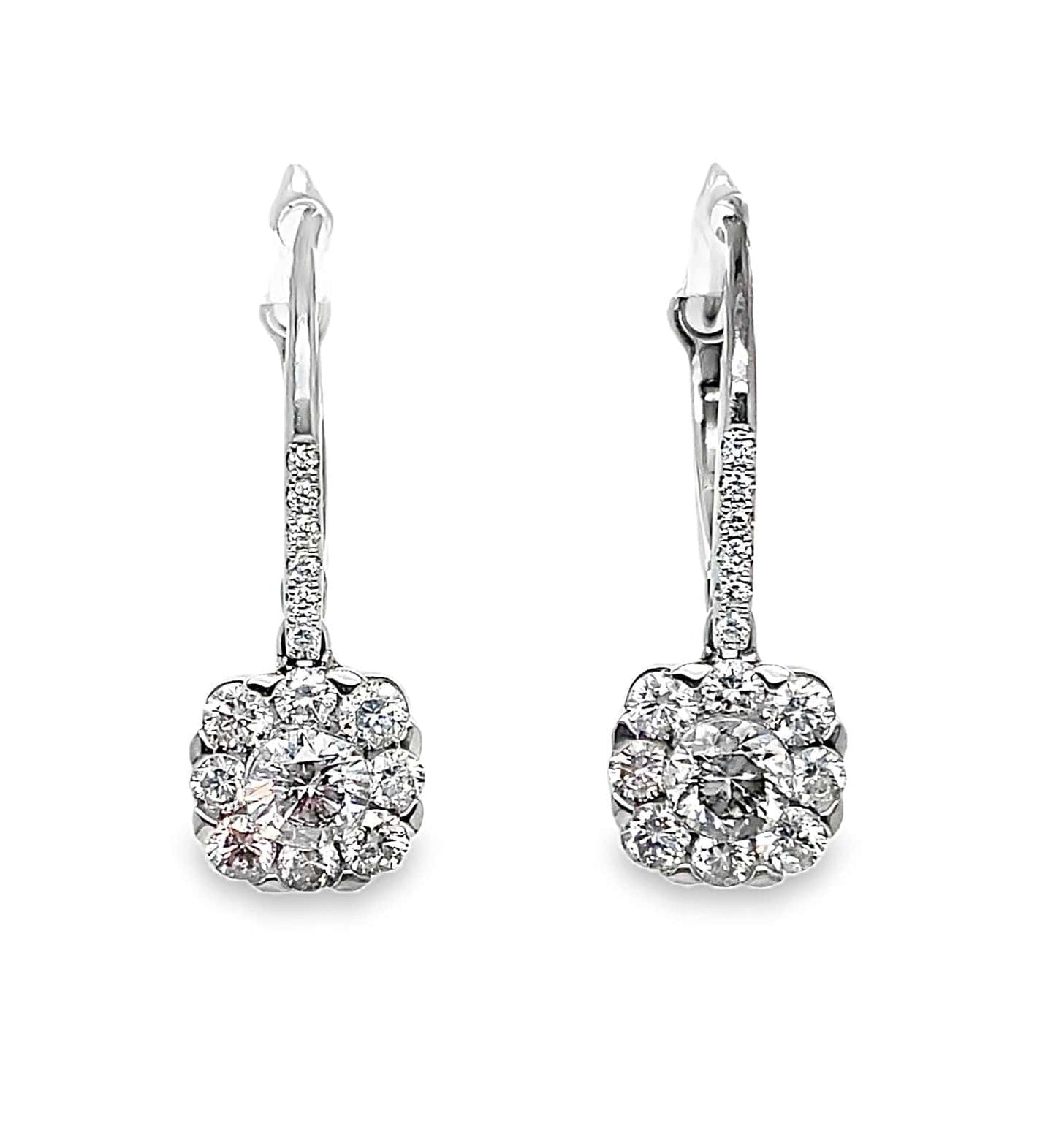 14K WHITE GOLD DIAMOND HALO DROP EARRINGS 1.52 CT TW