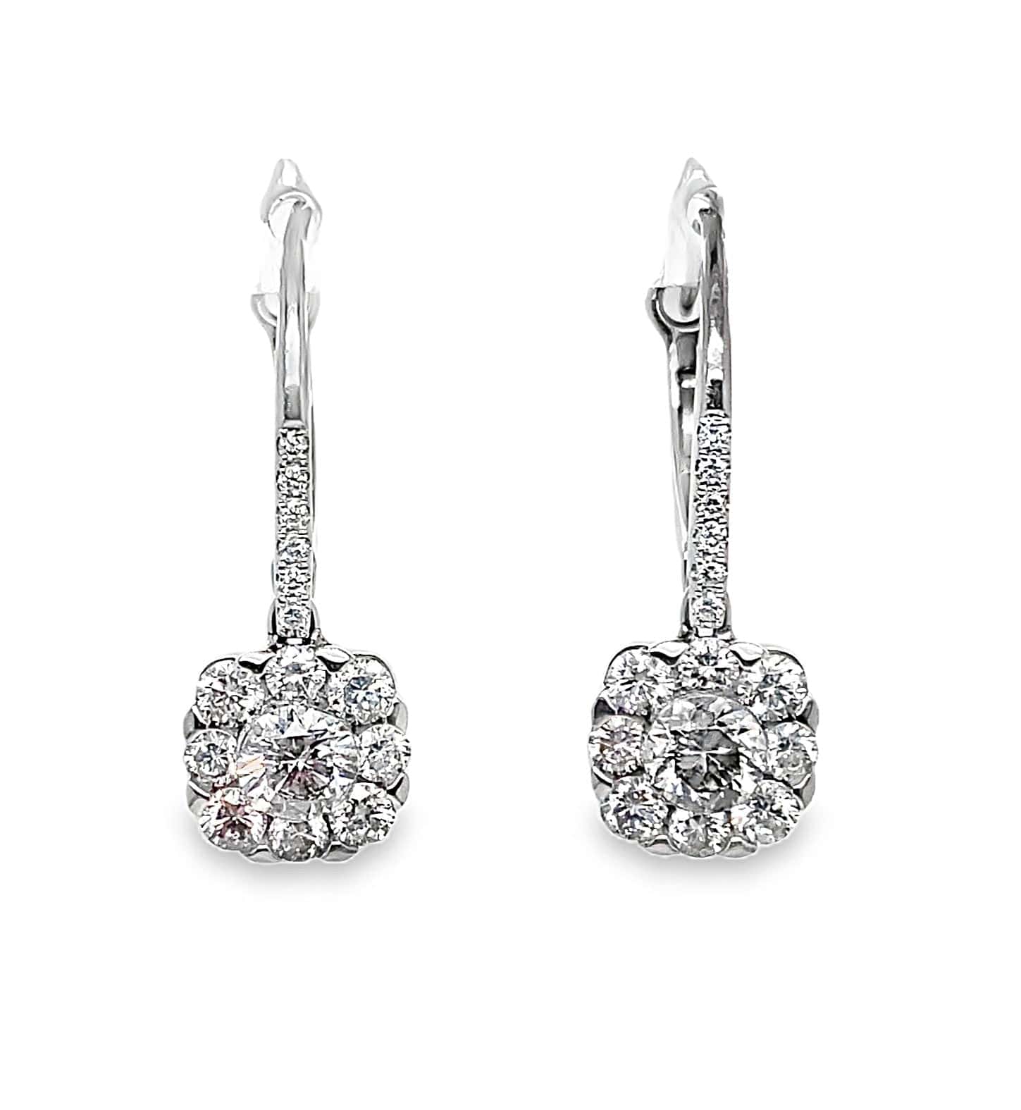 14K WHITE GOLD DIAMOND HALO DROP EARRINGS 1.52 CT TW
