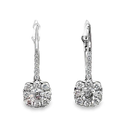 14K WHITE GOLD DIAMOND HALO DROP EARRINGS 1.52 CT TW